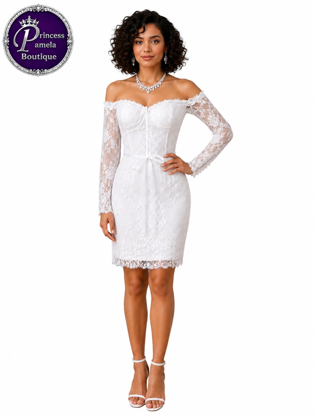 #20-11 White lace satin corset boning off the shoulder mini dress-Size 6/Small
